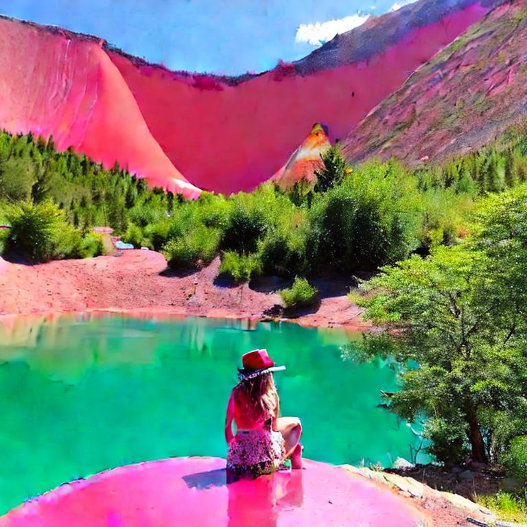 A hand holding a large beer, overlooking a pink lake